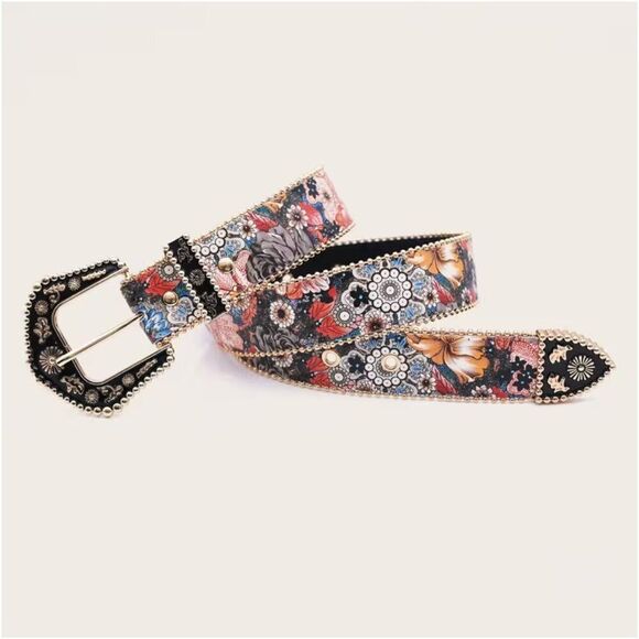 Floral Print Western Belt Red & Blue Golden & Black Enamel Buckle Boho Statement main image 8